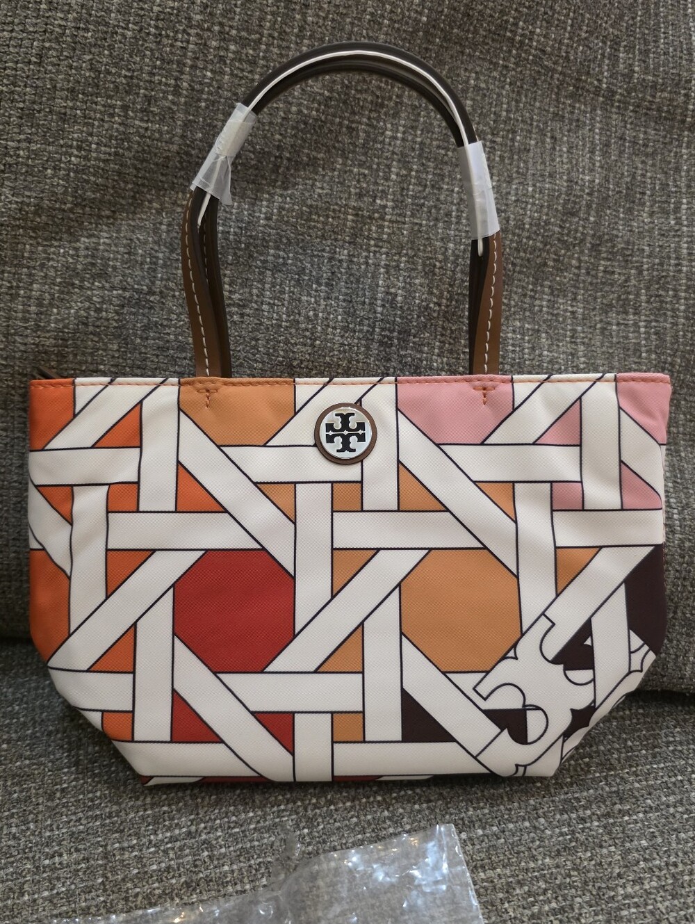 Tory Burch Nylon Printed Mini Tote Color: PINK-RED BASKETWEAVE COLOR BLOCK